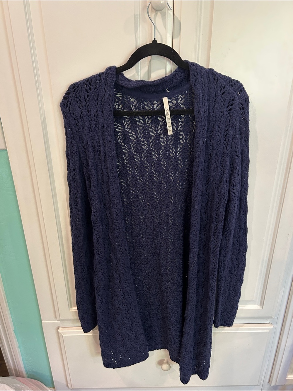 Leo & Nicole Navy Open-Front Lace Knit Cardigan